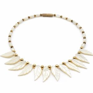 Handmade Mother-of-Pearl Leaf Statement Necklace | 16” Gold Beaded Collar